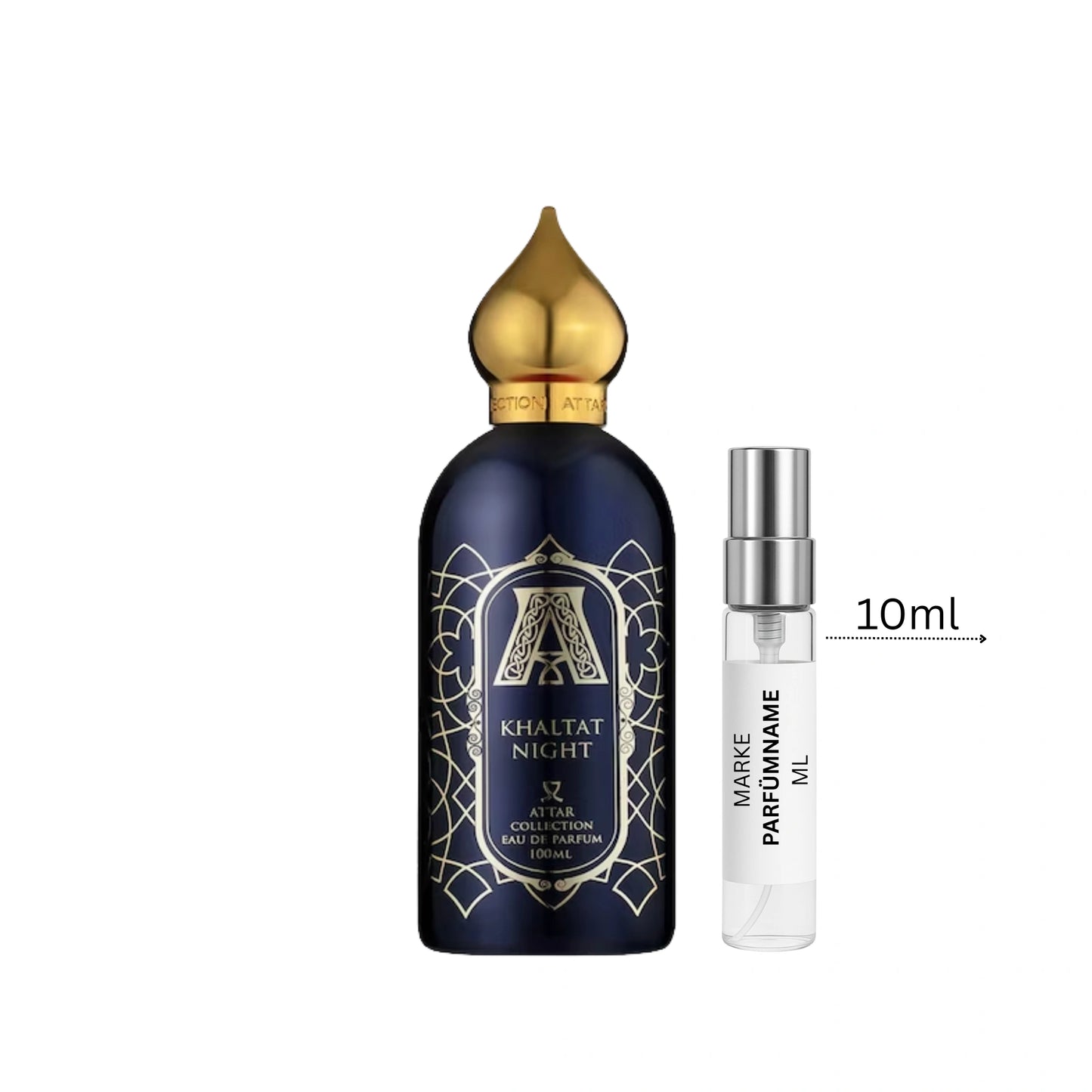 Attar Collection Khaltat Night Parfümprobe 10 ml neben Flakon – intensiver süß-orientalischer Unisexduft mit Vanille, Amber und Moschus