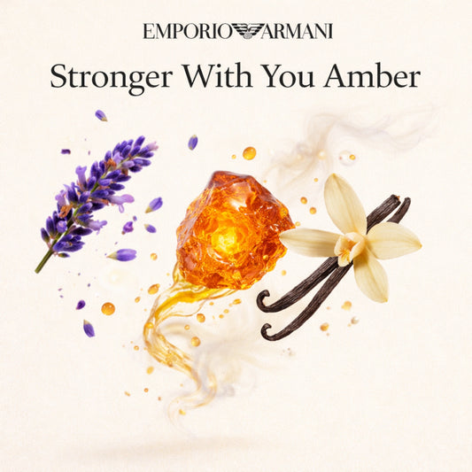 Duftnoten von Emporio Armani Stronger With You Amber Eau de Parfum – provenzalischer Lavendel, Amber und Bourbon-Vanille visuell dargestellt
