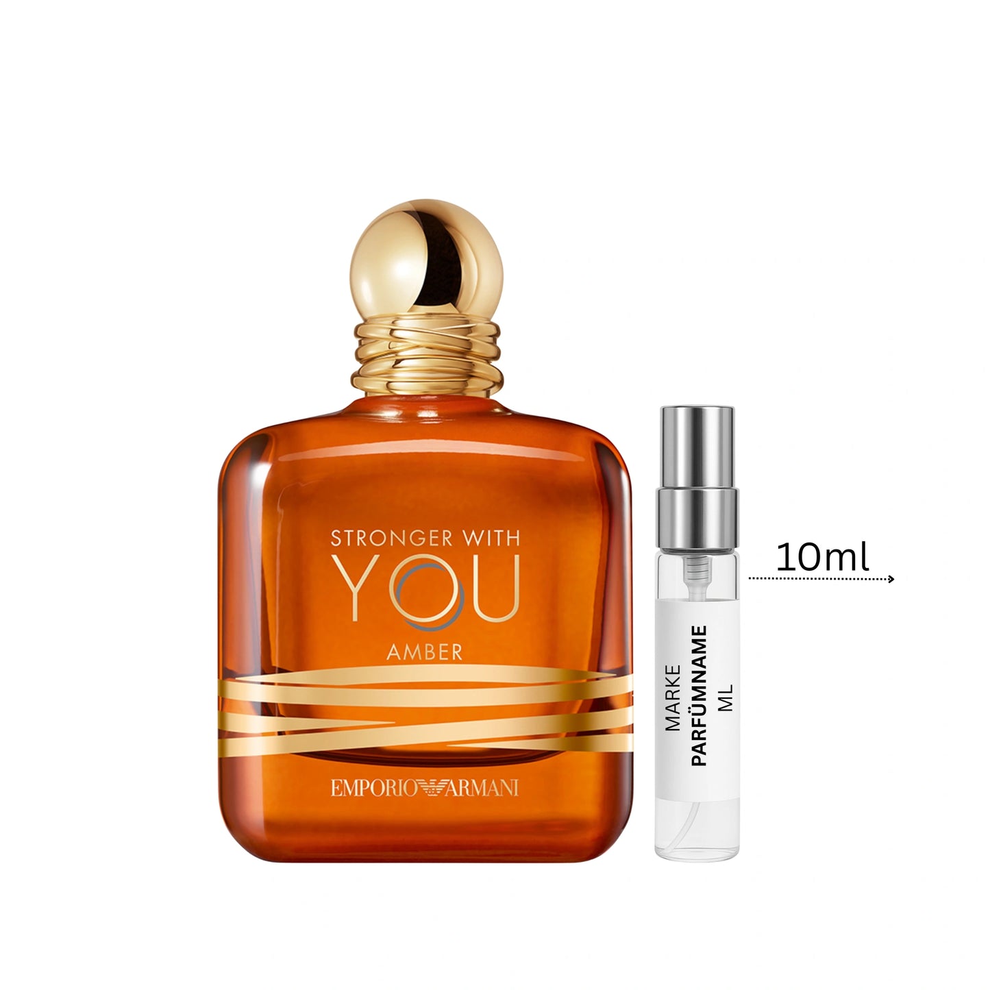 Emporio Armani Stronger With You Amber Abfüllung 10 ml neben Flakon – intensiver süß-orientalischer Unisexduft mit Amber und Bourbon-Vanille