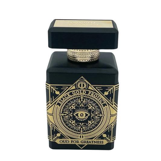 Initio Oud for Greatness Parfumflakon – luxuriöses schwarzes Design mit goldener Verzierung aus der Black Gold Project Kollektion