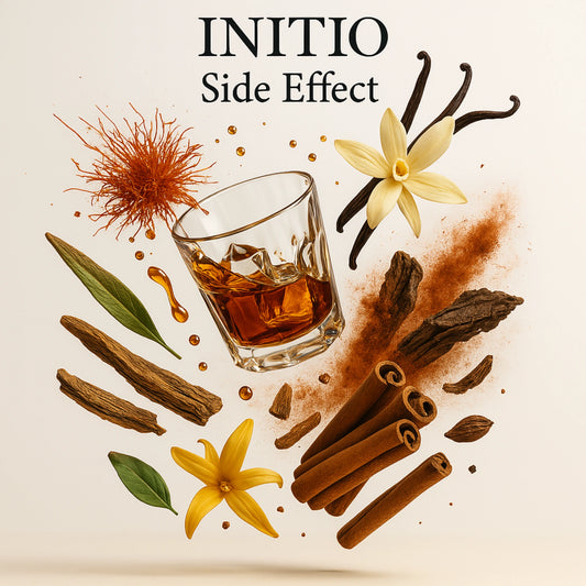 Duftnoten von Initio Side Effect – Rum, Vanille, Safran, Tabak, Zimt und Sandelholz in einer künstlerischen Darstellung