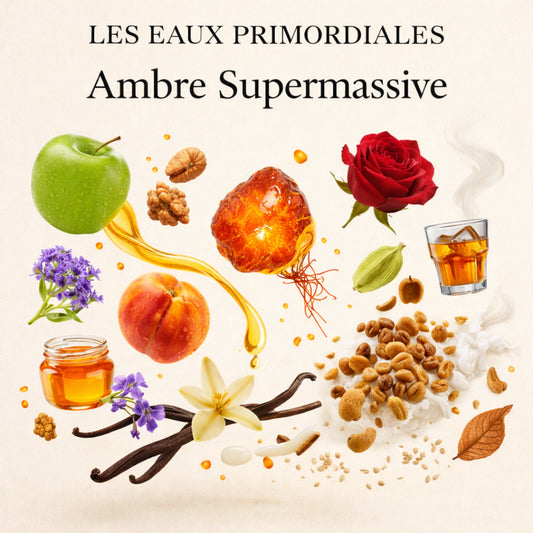 Duftnoten von Les Eaux Primordiales Ambre Supermassive Extrait de Parfum – Apfel, Pfirsich, Ananas, Zimt, Sesam, Heliotrop, Honig, Rose, Kardamom, Rum, Moschus, Vanille, roter Amber, Safran und Tabak, visuell dargestellt