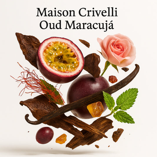 Duftnoten von Maison Crivelli Oud Maracujá – Passionsfrucht, Oud, Rose, Leder, Safran und Vanille visuell dargestellt
