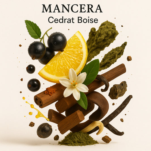 Duftnoten von Mancera Cedrat Boise – Zitrone, schwarze Johannisbeere, Patchouli, Leder, Vanille und Eichenmoos bildlich dargestellt