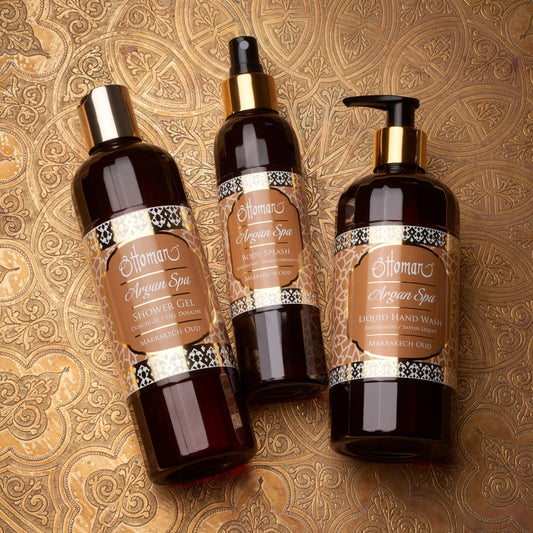 Ottoman Argan Spa Pflegeset Marrakech Oud mit Duschgel, Körperspray und Flüssigseife auf orientalischer Prägung