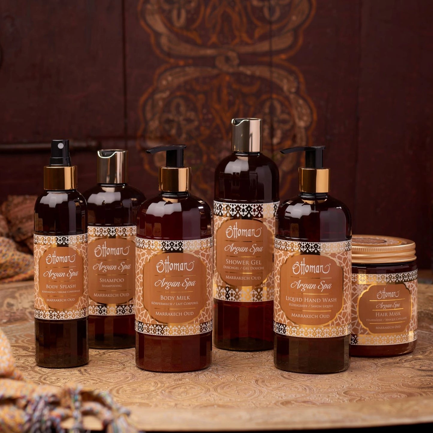 Exklusives Ottoman Argan Spa Set Marrakech Oud mit Shampoo, Body Milk, Duschgel, Handseife, Hair Mask, Body Splash und Handcreme im marokkanischen Stil