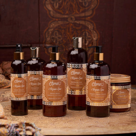 Exklusives Ottoman Argan Spa Set Marrakech Oud mit Shampoo, Body Milk, Duschgel, Handseife, Hair Mask, Body Splash und Handcreme im marokkanischen Stil