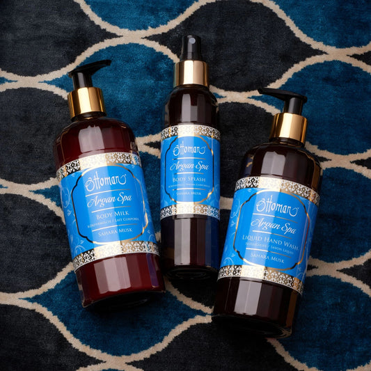 Ottoman Argan Spa Pflegeset Sahara Musk mit Body Milk, Body Splash und Flüssigseife im stilvollen marokkanischen Design