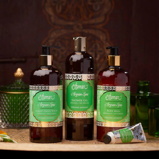 Pflegeset Ottoman Argan Spa Persian Jasmine mit Handseife, Duschgel, Body Milk und Handcreme im stilvoll-orientalischen Ambiente