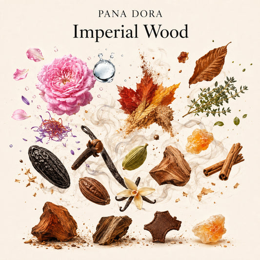 Duftnoten von Pana Dora Imperial Wood Extrait de Parfum – Damaszener-Rose, Safraleine, Tabak, Thymian, Tonkabohne, Gewürznelke, Kardamom, Sandelholz, Weihrauch, Zimt, Kakao, Vanille, Amberholz, indonesisches Oud und Leder