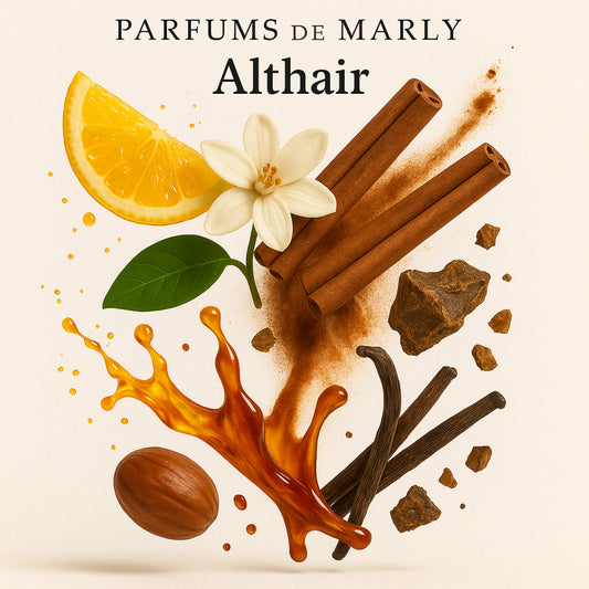 Duftnoten von Althaïr Parfums de Marly – Vanille, Praline, Zimt und Orangenblüte bildlich inszeniert mit würzig-süßer Komposition