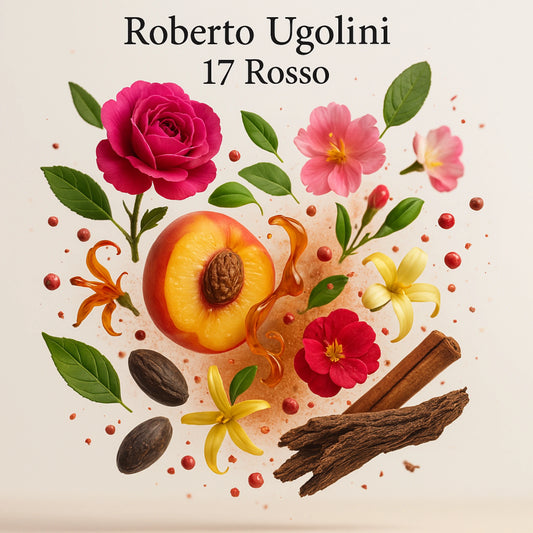 Duftnoten von Roberto Ugolini 17 Rosso Extrait de Parfum, floral-fruchtig-würziger Unisexduft mit Pfirsich, Minze, Rose, rosa Pfeffer, Safran, Styrax, Zedernholz und Vetiver, visuelle Darstellung der Duftkomposition