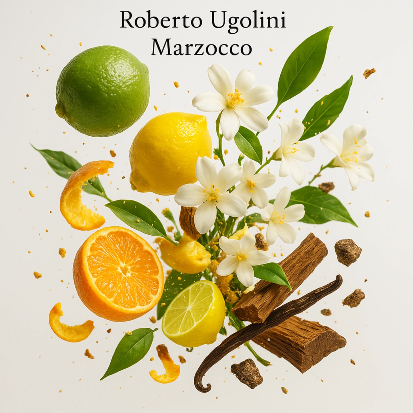 Duftnoten von Roberto Ugolini Marzocco – Limette, Zitrone, Mandarine, Orangenblüte, Vanille, Patchouli und Hölzer visuell dargestellt