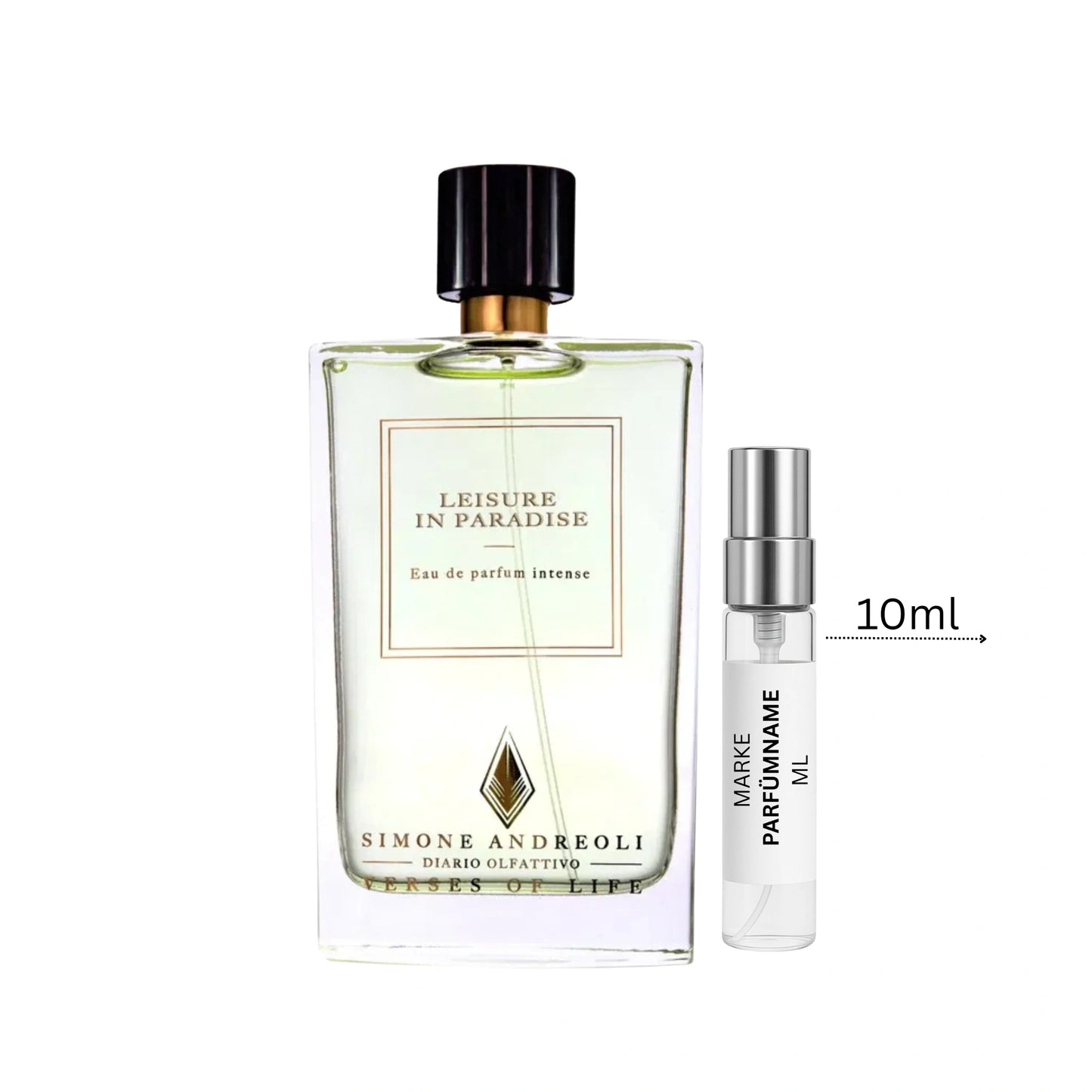 Simone Andreoli Leisure in Paradise Eau de Parfum Intense Probe 10 ml, große Duftprobe aus Glas mit Aluminium-Sprühkopf, ideal für Sommer, Urlaub und Reisen