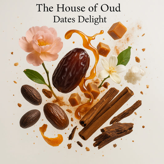 Duftnoten von Dates Delight – Dattel, Karamell, Tonkabohne, Honig, Puderzucker und orientalische Gewürze visuell dargestellt