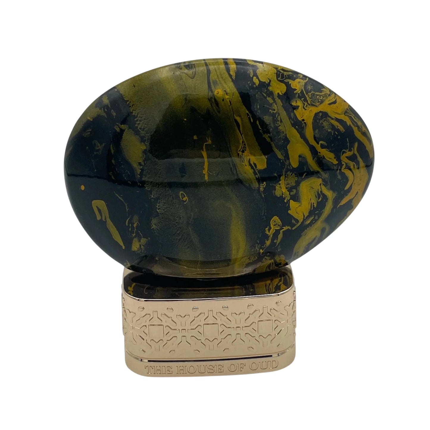 The House of Oud Dates Delight – künstlerischer Duftflakon in Ei-Form mit gold-schwarzer Marmorierung auf verziertem Sockel