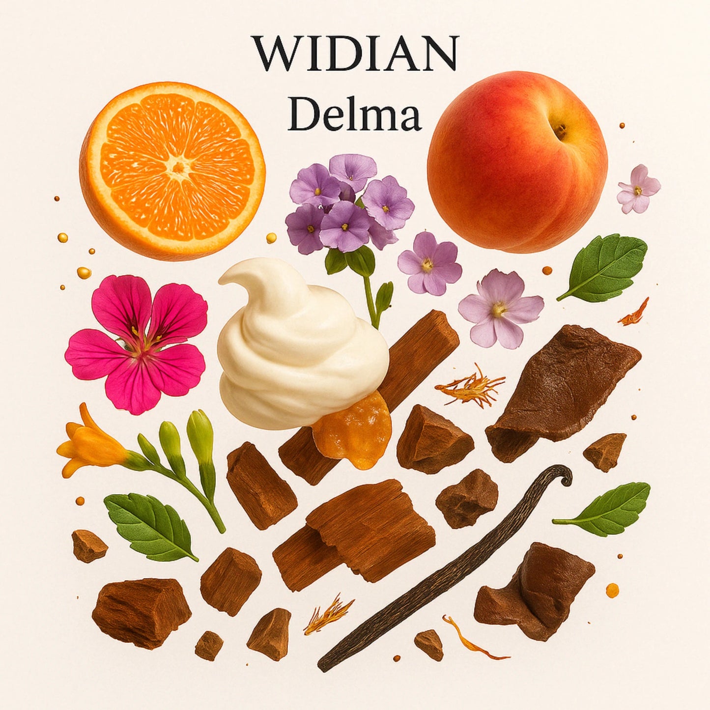 Duftnoten von Widian Delma – Mandarine, Jasmin, Marshmallow, Vanille und Safran visuell dargestellt