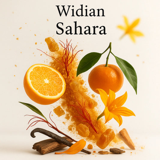 Duftnoten von Widian Sahara – Orange, Safran, Orangenblüte, Amber und Vanille als visuelle Komposition