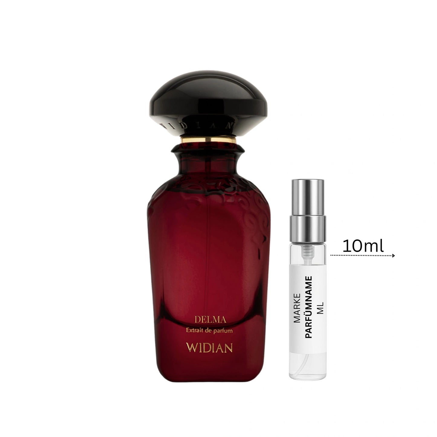 Widian Delma Extrait de Parfum 10ml Duftprobe neben Flakon – praktische Reisegröße eines süß-orientalischen Luxusparfums