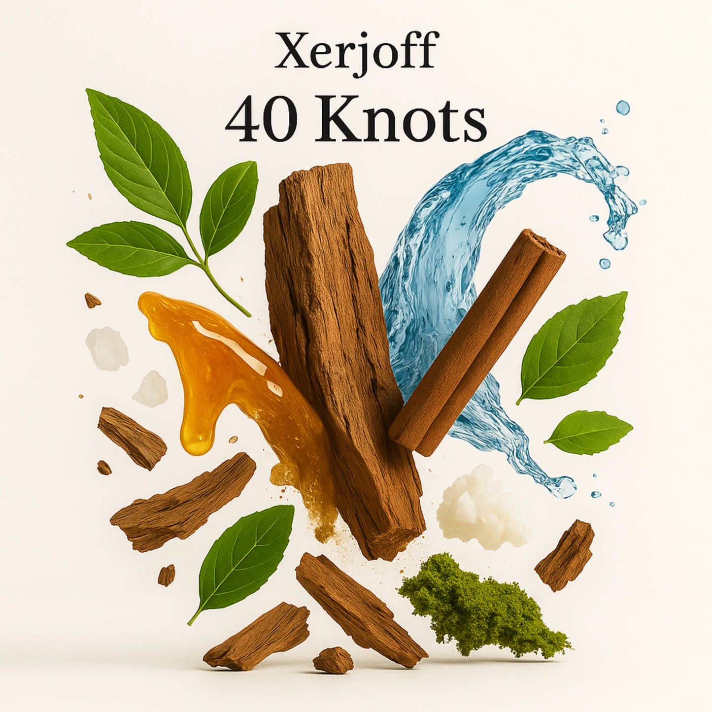 Duftnoten von Xerjoff 40 Knots – visuelle Darstellung mit Hölzern, Honig, Wasser, grünen Blättern, Moos und Gewürzen auf hellem Hintergrund.