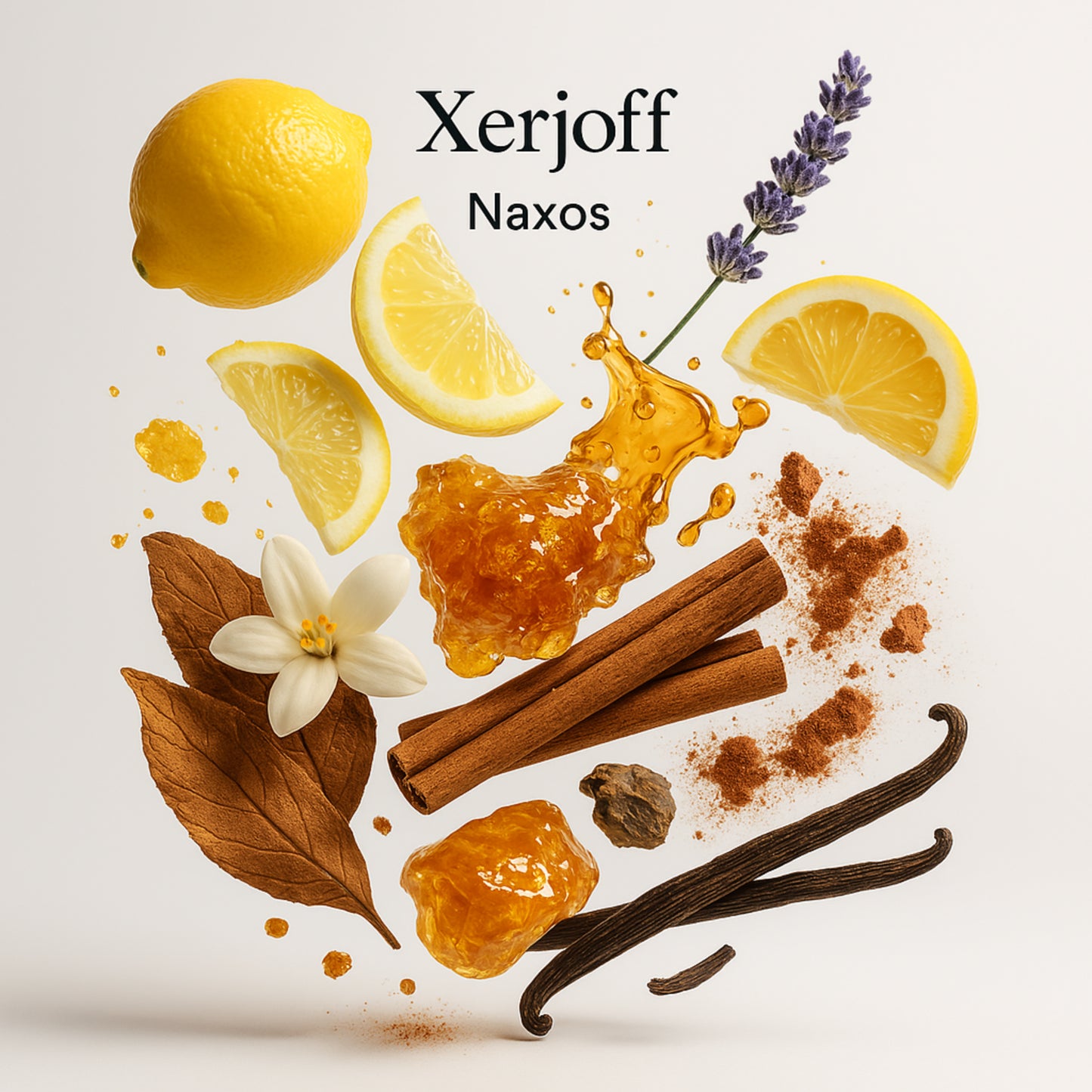 Duftnotenbild von Xerjoff – Naxos mit Zitrone, Lavendel, Honig, Tabak, Vanille, Zimt, Tonkabohne – hochwertiger Nischenduft anschaulich visualisiert