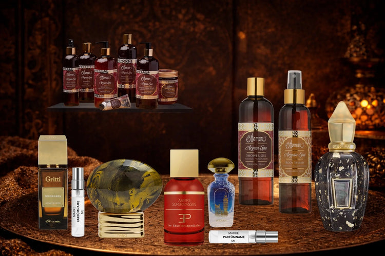 Parfumpiraten riesige Produktauswahl an Parfüms, Pflegeprodukten, Duftproben und Abfüllungen, präsentiert in hochwertiger und luxuriöser Umgebung