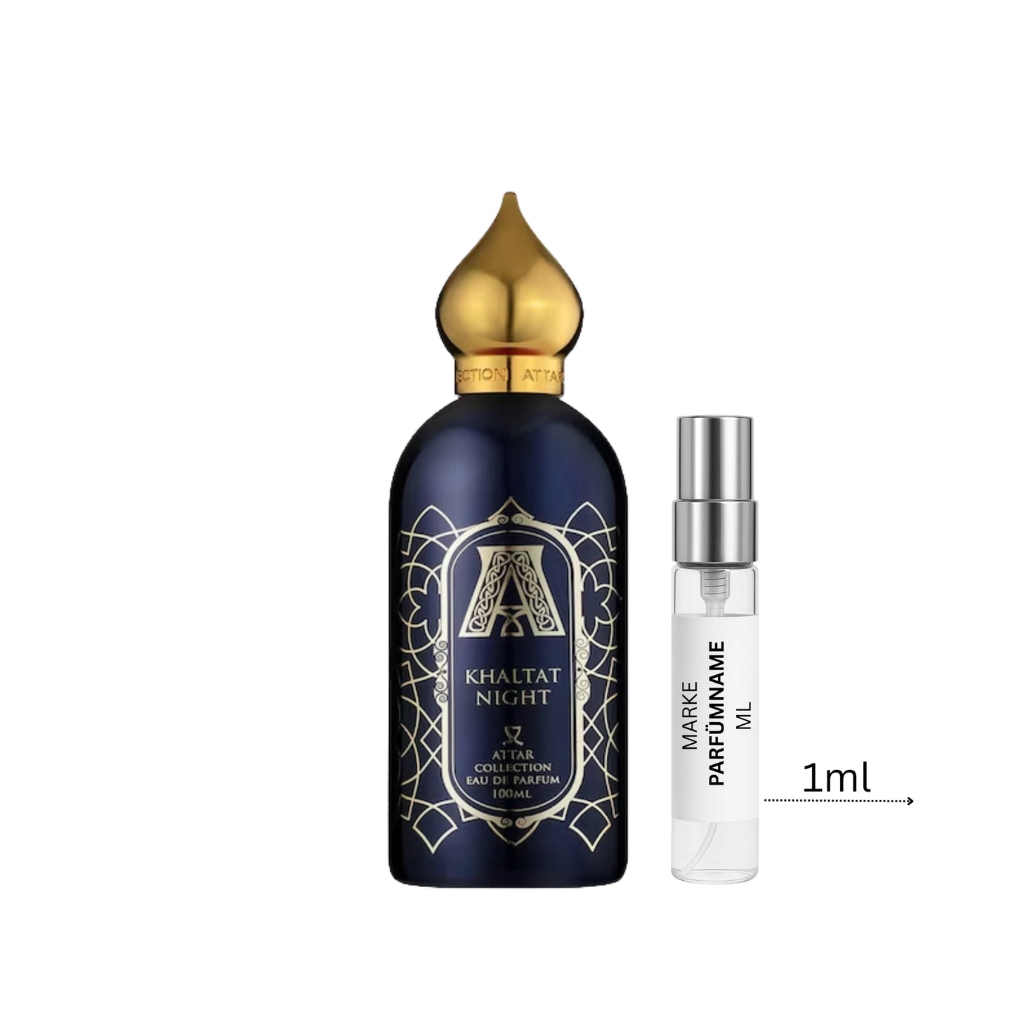 Attar Collection Khaltat Night Parfümprobe 1 ml neben Flakon – süß-fruchtiger Orientalduft mit Kirsche, Vanille und warmer Würze