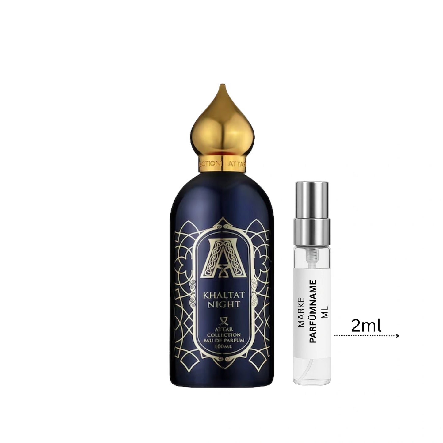 Attar Collection Khaltat Night Duftprobe 2 ml neben Flakon – intensiver Unisexduft mit Apfel, Vanille und orientalischer Süße