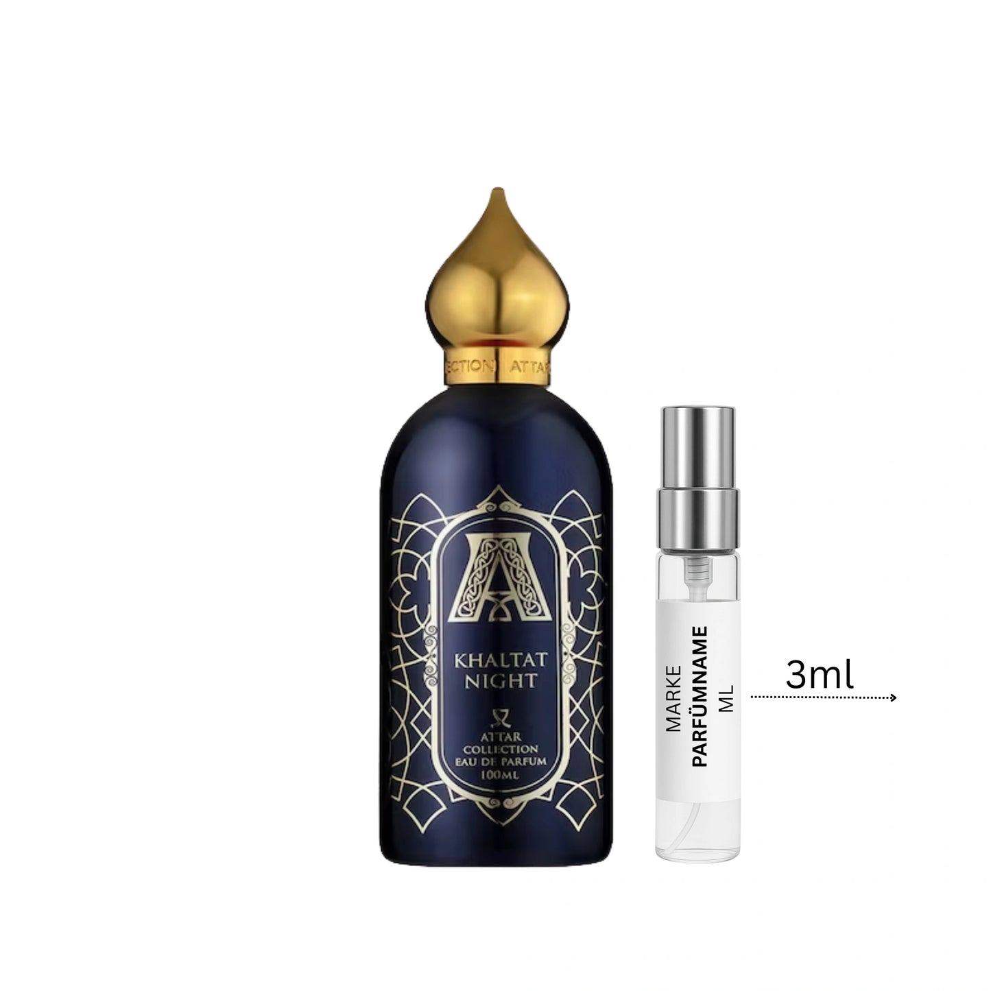 Attar Collection Khaltat Night Duftprobe 3 ml neben Flakon – warmer, gourmandig-orientalischer Nischenduft mit Amber und Zimt