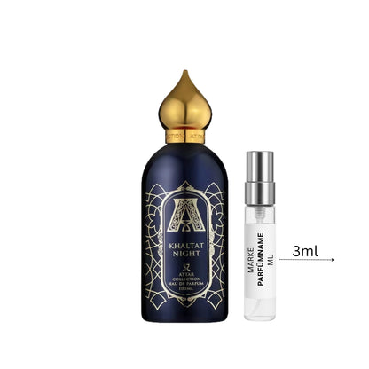 Attar Collection Khaltat Night Duftprobe 3 ml neben Flakon – warmer, gourmandig-orientalischer Nischenduft mit Amber und Zimt