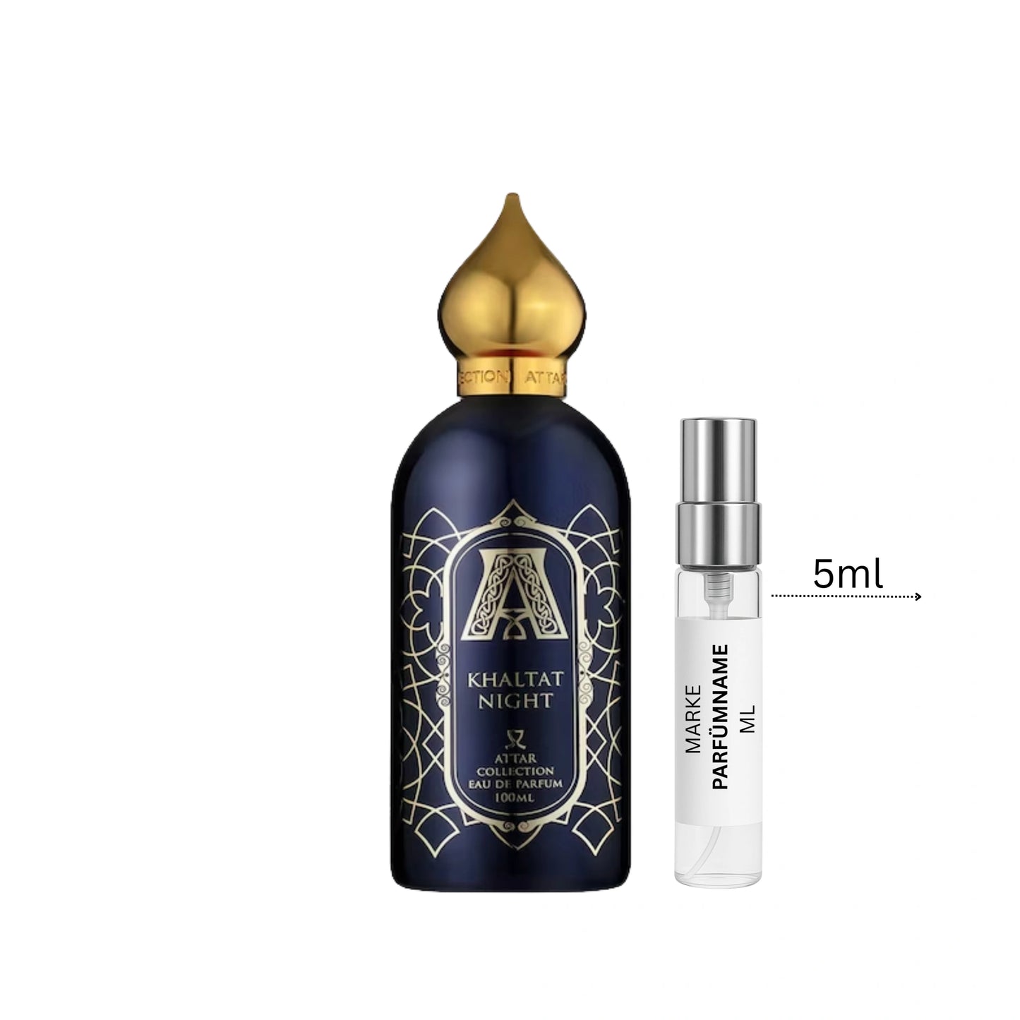 Attar Collection Khaltat Night Abfüllung 5 ml neben Flakon – luxuriöser Duft für Damen und Herren mit fruchtiger Süße und würziger Tiefe