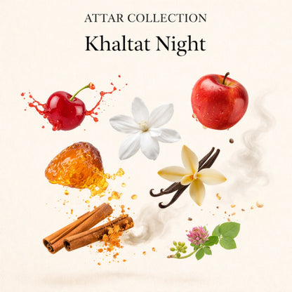 Duftnoten von Attar Collection Khaltat Night Eau de Parfum – Kirsche, roter Apfel, Jasmin, Vanille, Zimt, Amber, Klee, Moschus und Patchouli, visuell dargestellt