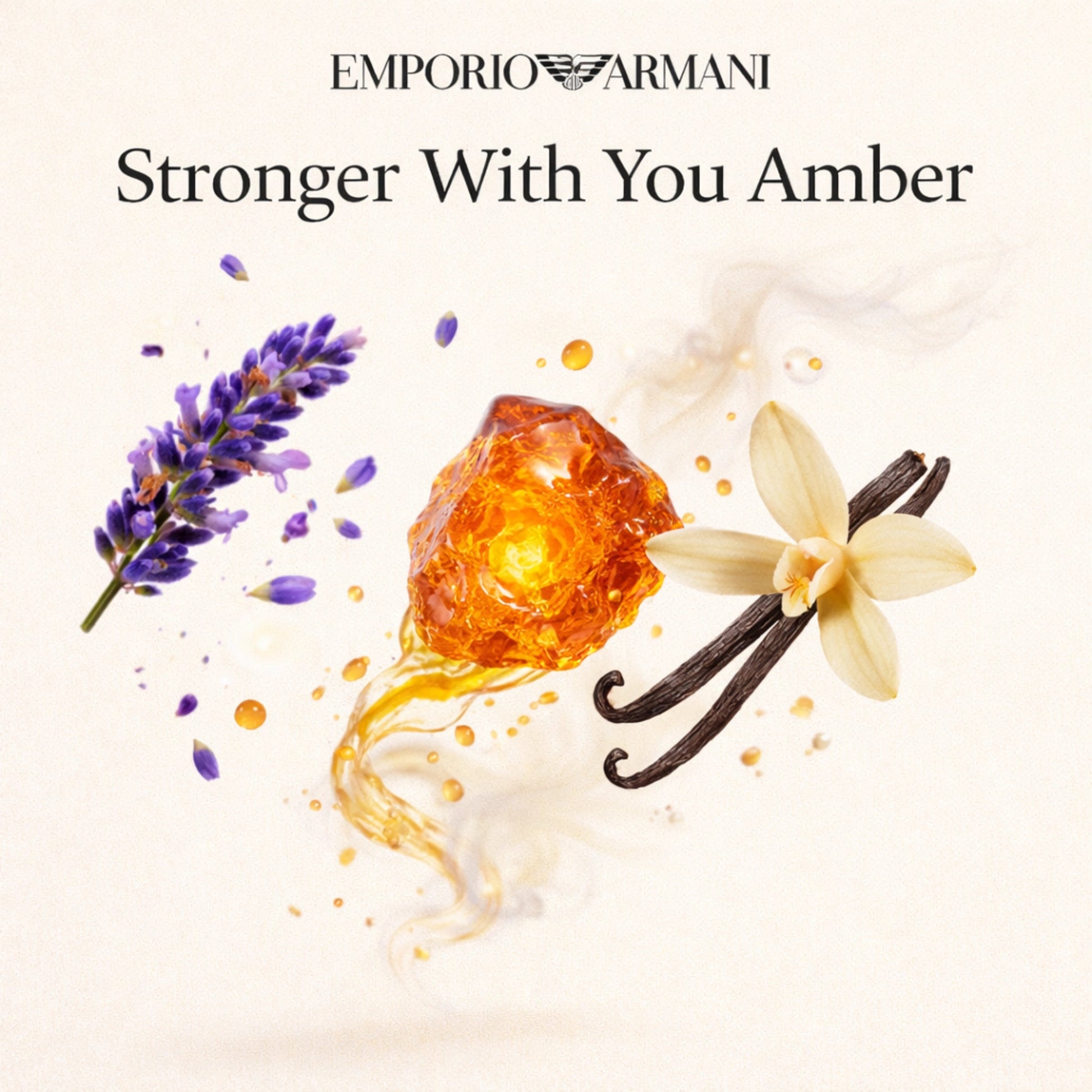 Duftnoten von Emporio Armani Stronger With You Amber Eau de Parfum – provenzalischer Lavendel, Amber und Bourbon-Vanille visuell dargestellt