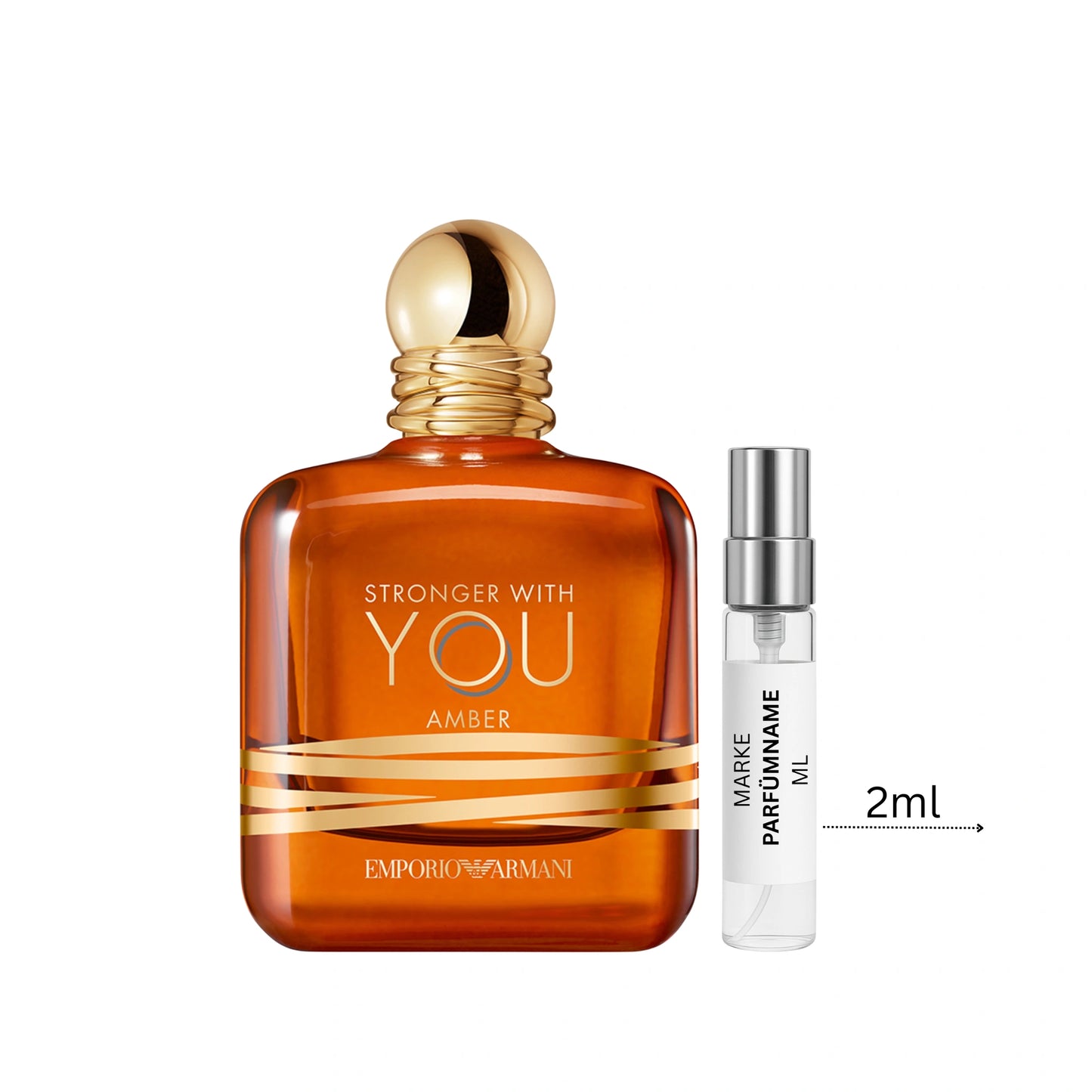 Emporio Armani Stronger With You Amber Duftprobe 2 ml neben Flakon – intensiver Unisexduft mit warmer Ambernote und Vanillesüße