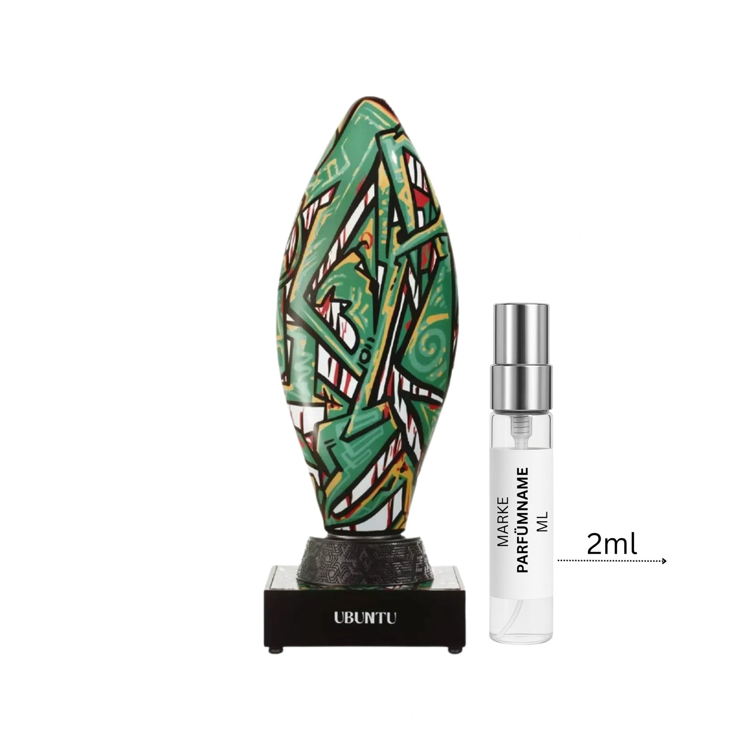 Florian Pontier Ubuntu Duftprobe 2 ml neben Flakon – fruchtig-blumiges Extrait de Parfum mit Magnolie, Pfirsichnektar, Ylang-Ylang und Vanille