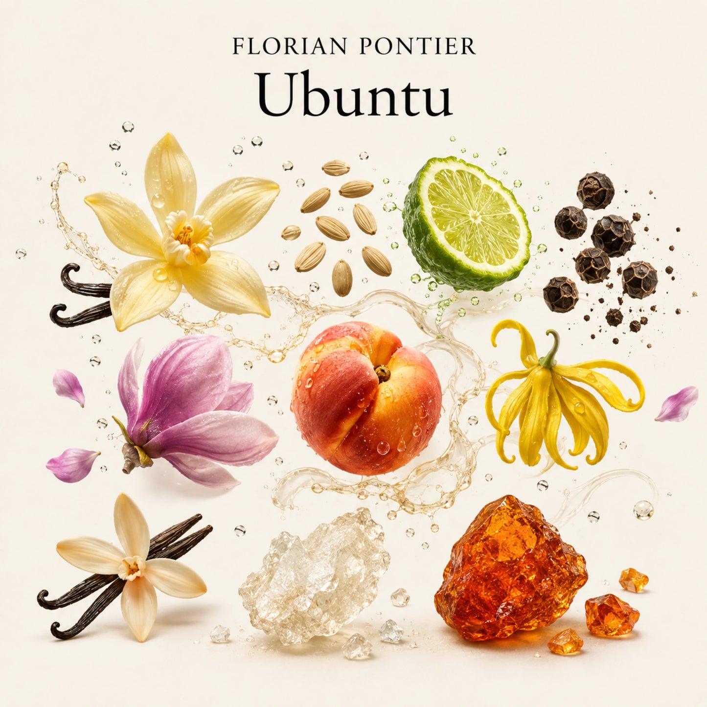 Duftnoten von Florian Pontier Ubuntu – Vanilleblüte, Angelikasamen, Bergamotte, schwarzer Pfeffer, Magnolie, Pfirsichnektar, Ylang-Ylang, Bourbon-Vanille, Moschus und mineralischer Amber visuell dargestellt