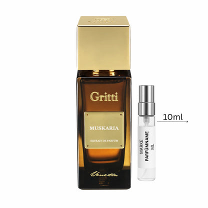 Gritti Muskaria Parfümprobe 10 ml neben Flakon – intensiver orientalischer Unisexduft aus der Ivy Kollektion von Gritti