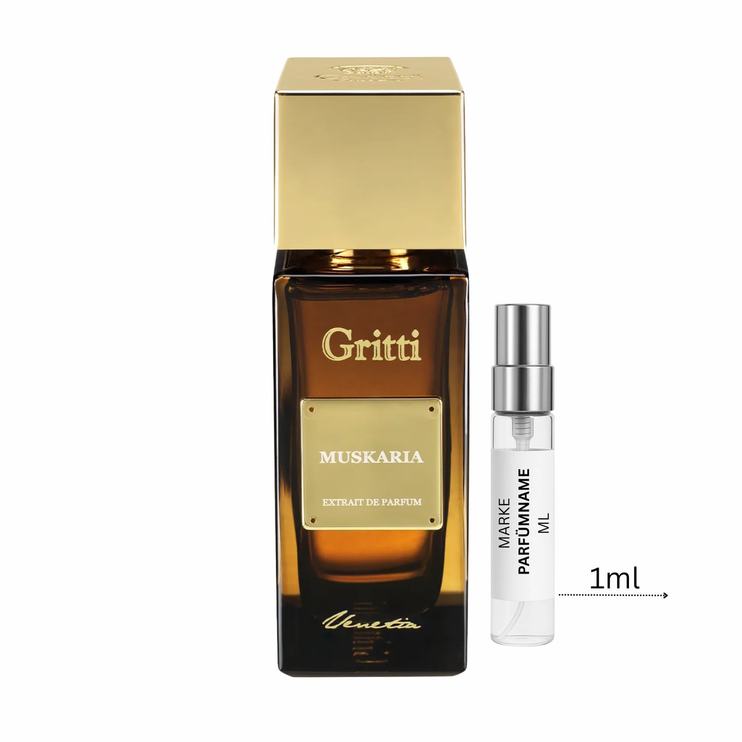 Gritti Muskaria Abfüllung 1 ml neben Flakon – orientalisch-süßer Duft mit Moschus, Vanille und ledriger Tiefe