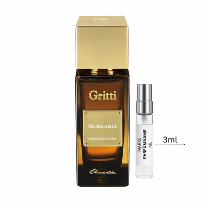Gritti Muskaria Parfümprobe 3 ml neben Flakon – sinnlicher, orientalischer Nischenduft mit Leder, Moschus und Gewürznoten