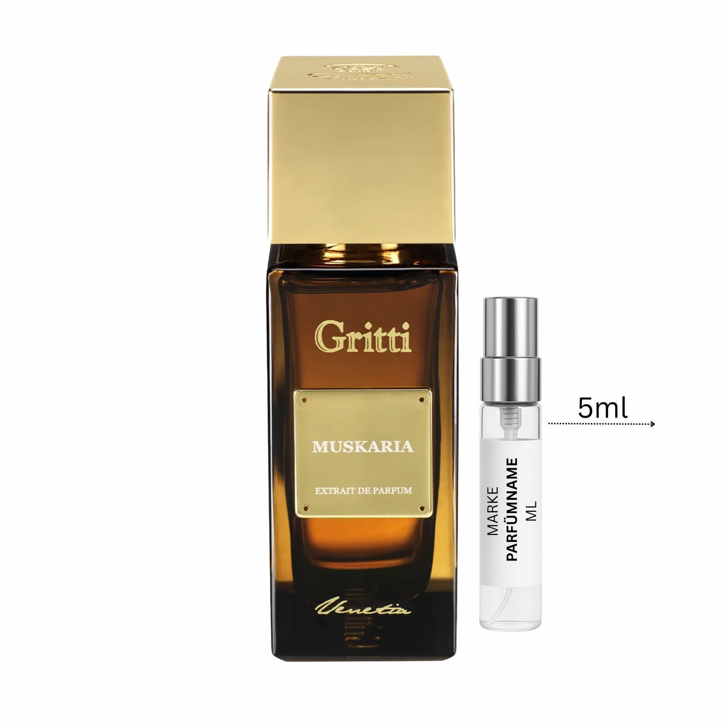 Gritti Muskaria Duftprobe 5 ml neben Flakon – luxuriöser Extrait de Parfum für Damen und Herren mit süß-harziger Aura