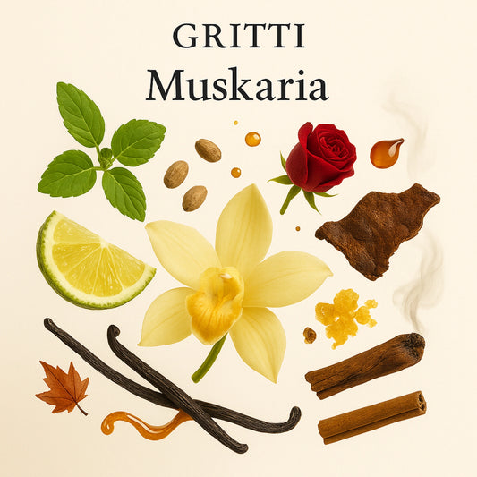Duftnoten von Gritti Muskaria Extrait de Parfum – Bergamotte, Patchouli, Ambrette, Leder, Moschus, Vanille, Rose, Weihrauch, Benzoe und Gewürze