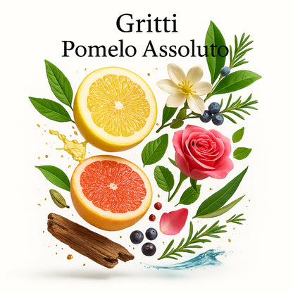 Duftnoten von Gritti Pomelo Assoluto Extrait de Parfum, frischer zitrisch-aromatischer Unisexduft mit Pomelo, Grapefruit, grünem Tee, rosa Pfeffer, Ambra und weißem Moschus, visuelle Darstellung der Duftkomposition