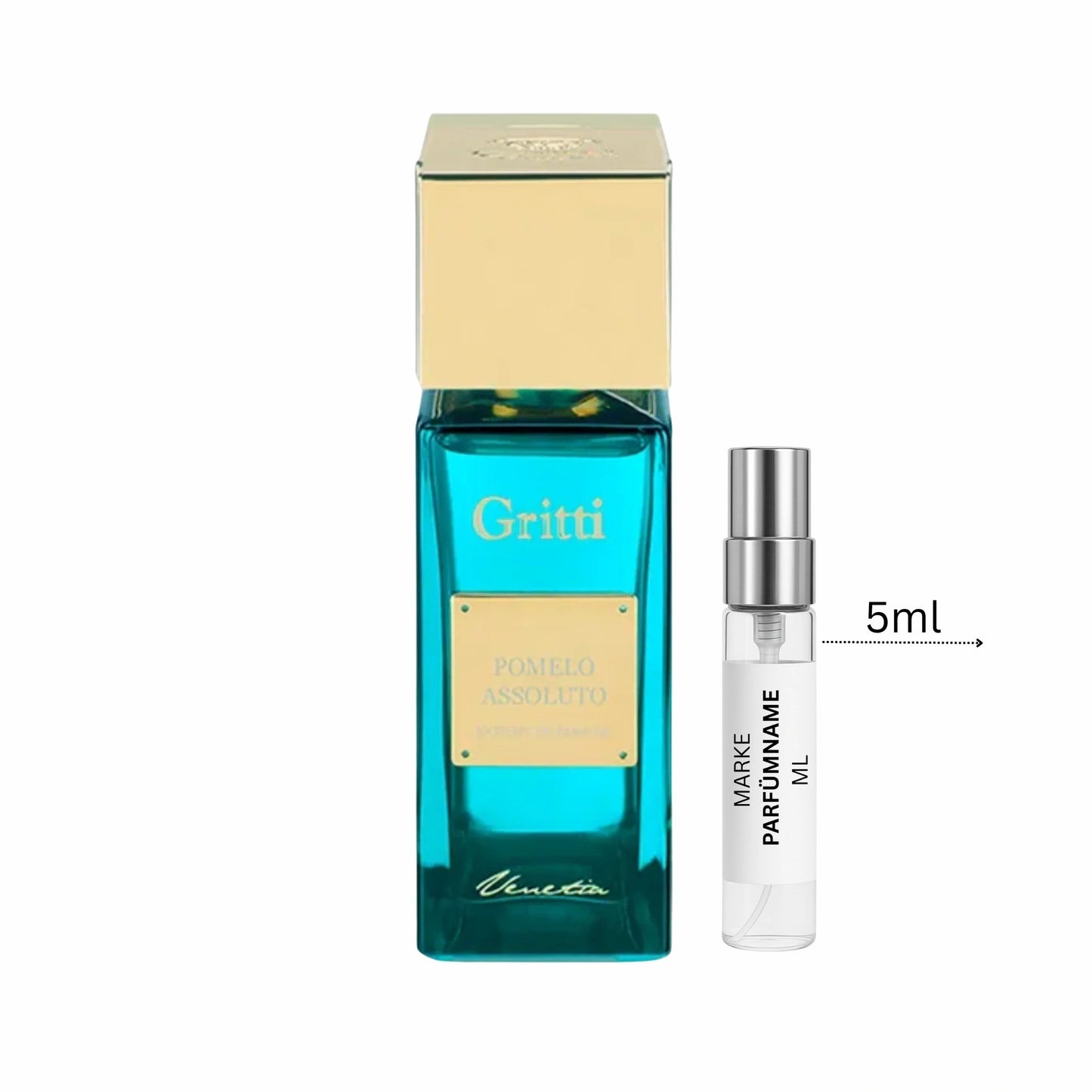 Gritti Pomelo Assoluto Extrait de Parfum Probe 5 ml, hochwertige Duftprobe mit mehreren Anwendungen, Glasprobe mit Sprühkopf neben dem Originalflakon