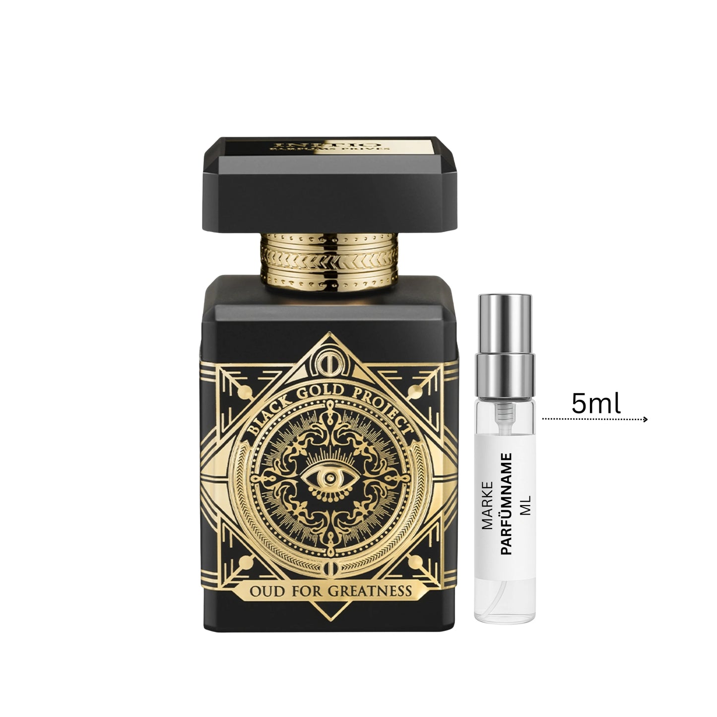 Initio Oud for Greatness Eau de Parfum Probe 5 ml, hochwertige Duftprobe mit mehreren Anwendungen, Glasprobe mit Sprühkopf neben dem Originalflakon