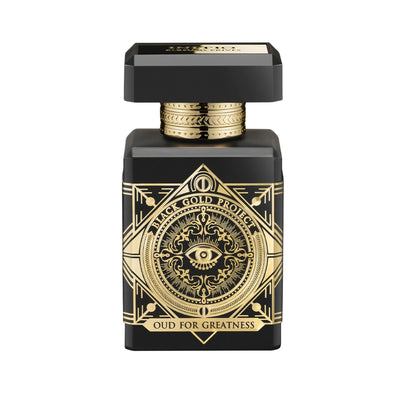 Parfumflakon von Initio Oud for Greatness Eau de Parfum, holzig-würziger orientalischer Unisexduft aus der Black Gold Project Kollektion, freigestelltes Produktbild auf weißem Hintergrund