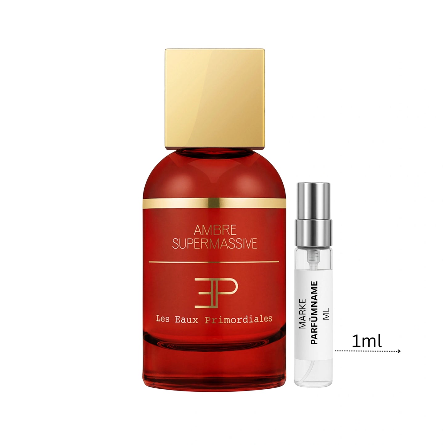 Les Eaux Primordiales Ambre Supermassive Parfümprobe 1 ml neben Flakon – süß-würziger Duft mit Amber, Honig und Vanille