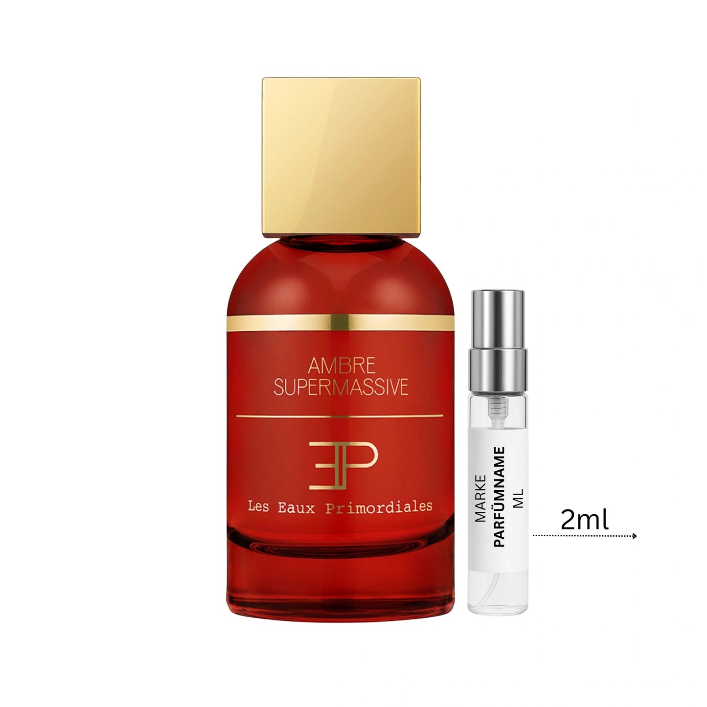 Les Eaux Primordiales Ambre Supermassive Duftprobe 2 ml neben Flakon – intensiver Unisexduft mit fruchtiger Süße, Gewürzen und warmem Amber