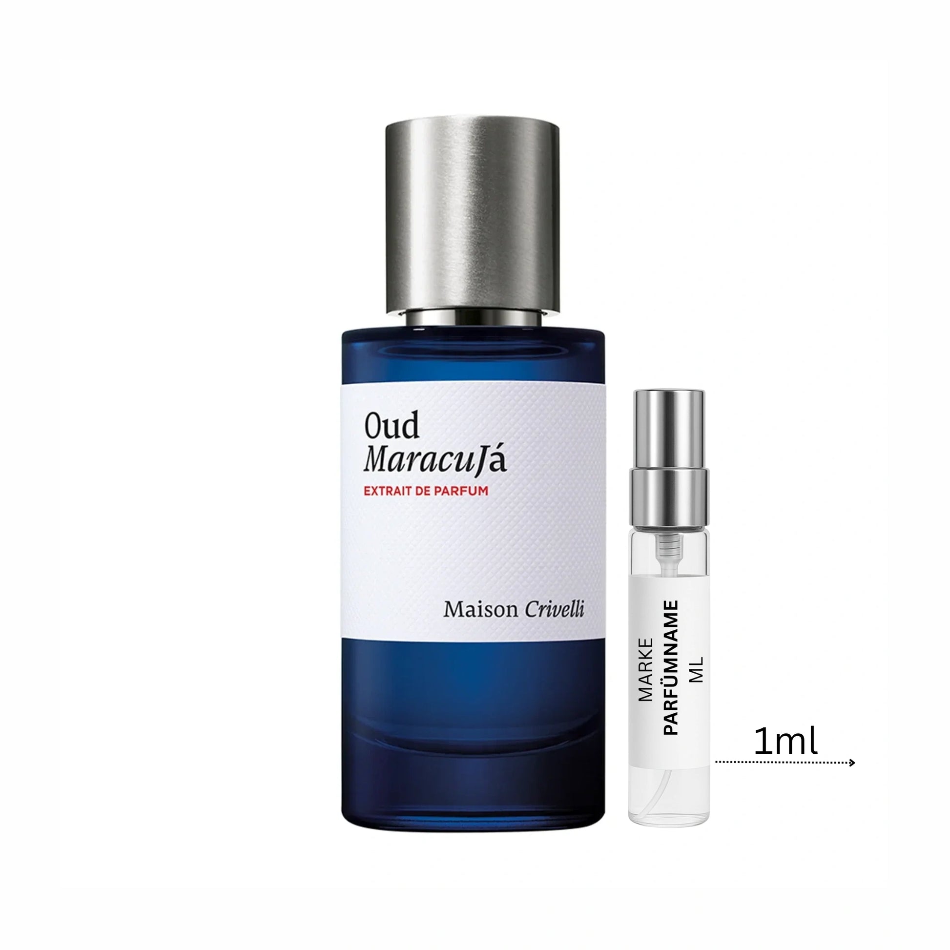 Maison Crivelli Oud Maracujá Extrait de Parfum Probe 1 ml, hochwertige Duftprobe aus Glas mit Aluminium-Sprühkopf neben dem Originalflakon