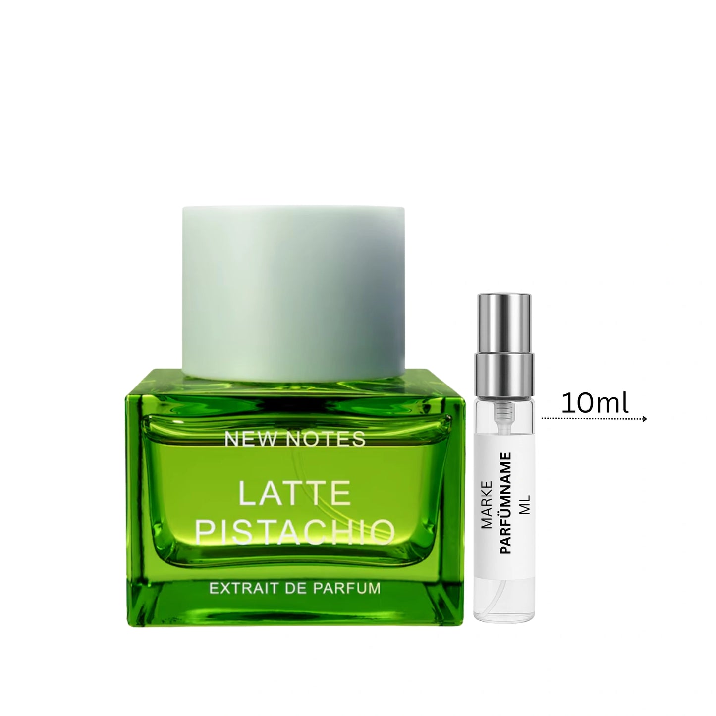 New Notes Latte Pistachio Parfümprobe 10 ml neben Flakon – moderner Extrait-Gourmand mit cremiger Pistaziennote, Moschus und warmem Amber