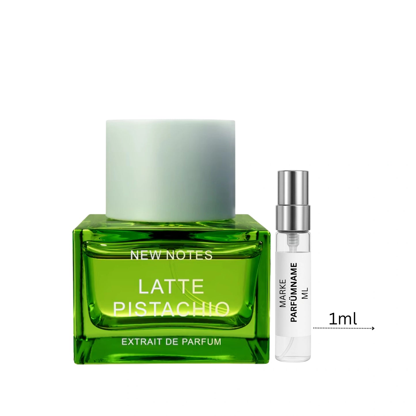 New Notes Latte Pistachio Parfümprobe 1 ml neben Flakon – süß-cremiger Gourmandduft mit Pistazie, Milch und zitrischer Frische